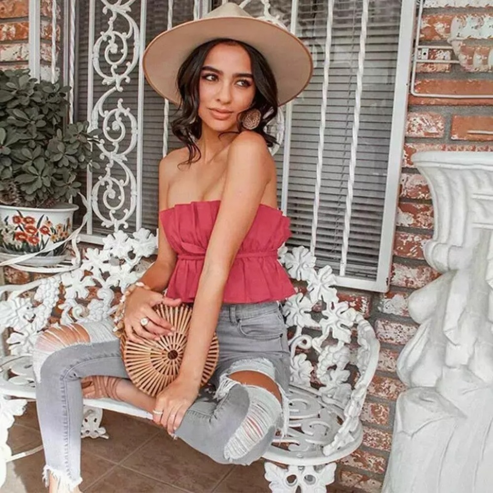 CLEARANCE Red Pleated Cropped Strapless Open Back Tube Top